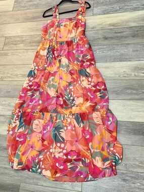 Maia Tropical Floral Tiered Maxi Dress in Coral Pink Size 12